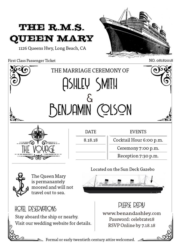 Invitation for wedding on the Queen Mary